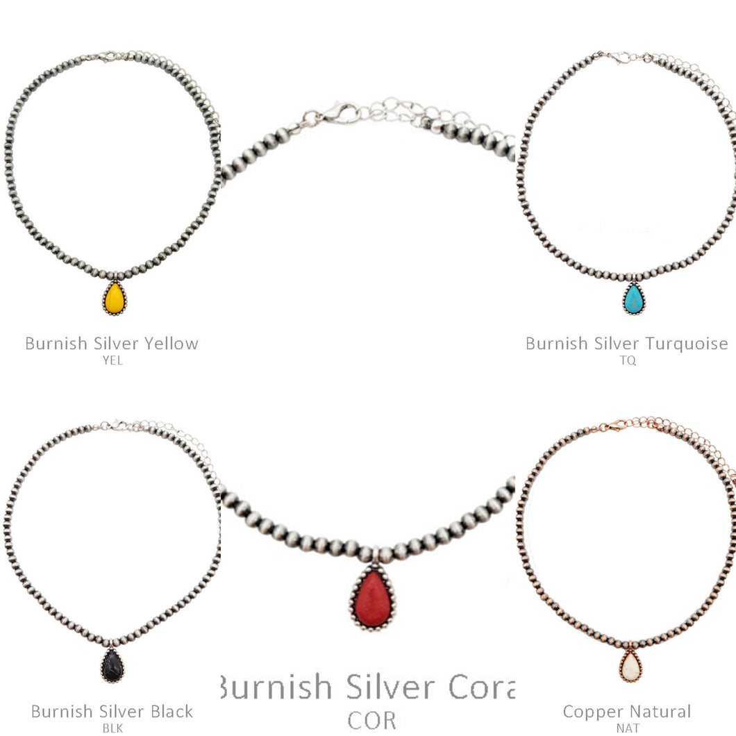 Teardrop Stone Pendant Navajo Bead Choker Necklace - 5 Colors