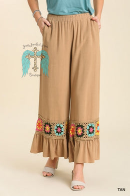 Tan Linen Blend Wide Leg Pants with Crochet Details