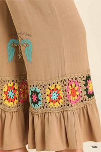 Tan Linen Blend Wide Leg Pants with Crochet Details