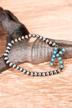 Load image into Gallery viewer, Turquoise Beaded Initial Silver Pearl Bracelet - 15 Letters
