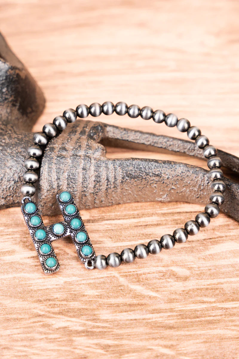 Turquoise Beaded Initial Silver Pearl Bracelet - 15 Letters
