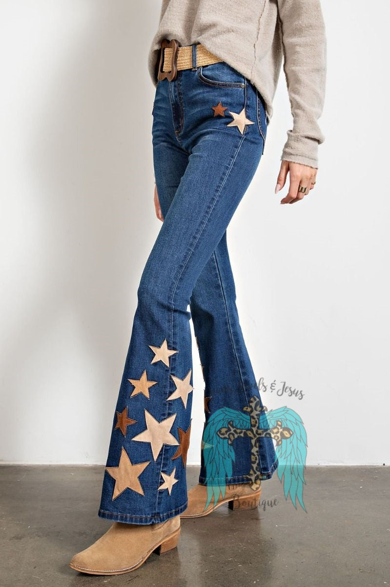 Star Detailing Bell Bottom Washed Denim Jean