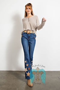Star Detailing Bell Bottom Washed Denim Jean