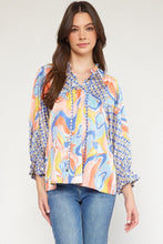 Load image into Gallery viewer, Satin Mixed Print Smocked Sleeve with Tie at Neck

