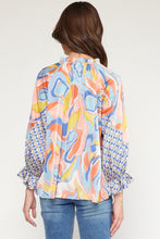 Load image into Gallery viewer, Satin Mixed Print Smocked Sleeve with Tie at Neck
