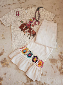 Oatmeal Linen Blend Wide Leg Pants with Crochet Details