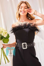 Load image into Gallery viewer, Black Feather Trim Waist Belt Solid Jumpsuit
