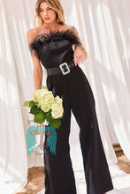 Load image into Gallery viewer, Black Feather Trim Waist Belt Solid Jumpsuit
