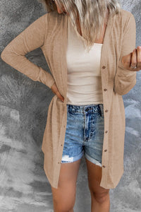 Beige Solid Color Open-Front Button Cardigan