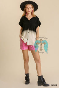 Bleach Dip Dye Collard Button Up Top - Black