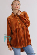 Load image into Gallery viewer, Burnt Orange Velvet Collar Button Down Long Sleeve Tunic Dress
