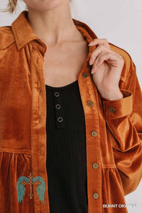 Burnt Orange Velvet Collar Button Down Long Sleeve Tunic Dress