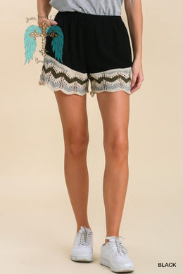 Black Linen Blend Pull on Shorts with Crochet Trim at Leg