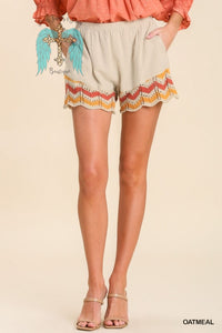 Oatmeal Linen Blend Pull on Shorts with Crochet Trim at Leg
