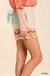 Oatmeal Linen Blend Pull on Shorts with Crochet Trim at Leg