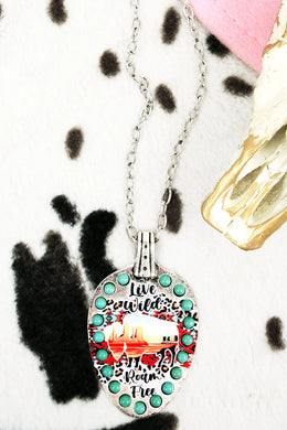 Turquoise 'Live Wild Roam Free' Spoon Silvertone Necklace