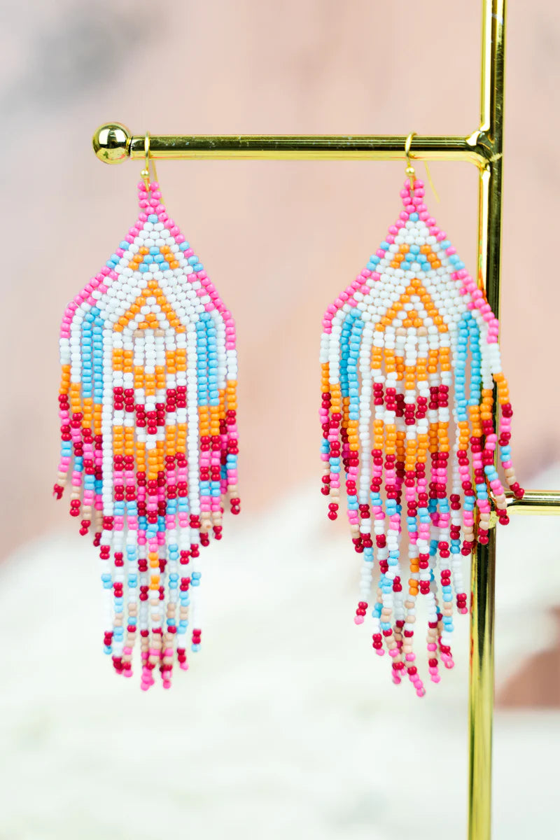 Teal & Pink Beaded Fringe Earrings with Vintage Tin Flowers – Wanderlust  Designs Jewelry